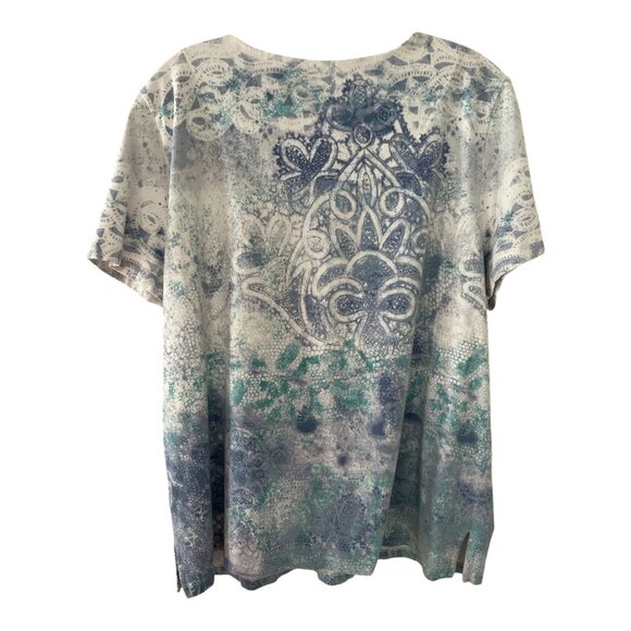 Alfred Dunner Women’s Size L Blue Lace Trim Floral Top – Short Sleeve Cotton Ble - Picture 4 of 5